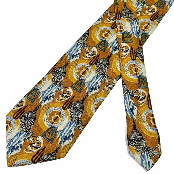 Ermenegildo zegna Silk Tie Necktie Gold With Monument Bell Novelty Print Italy - Picture 1 of 7